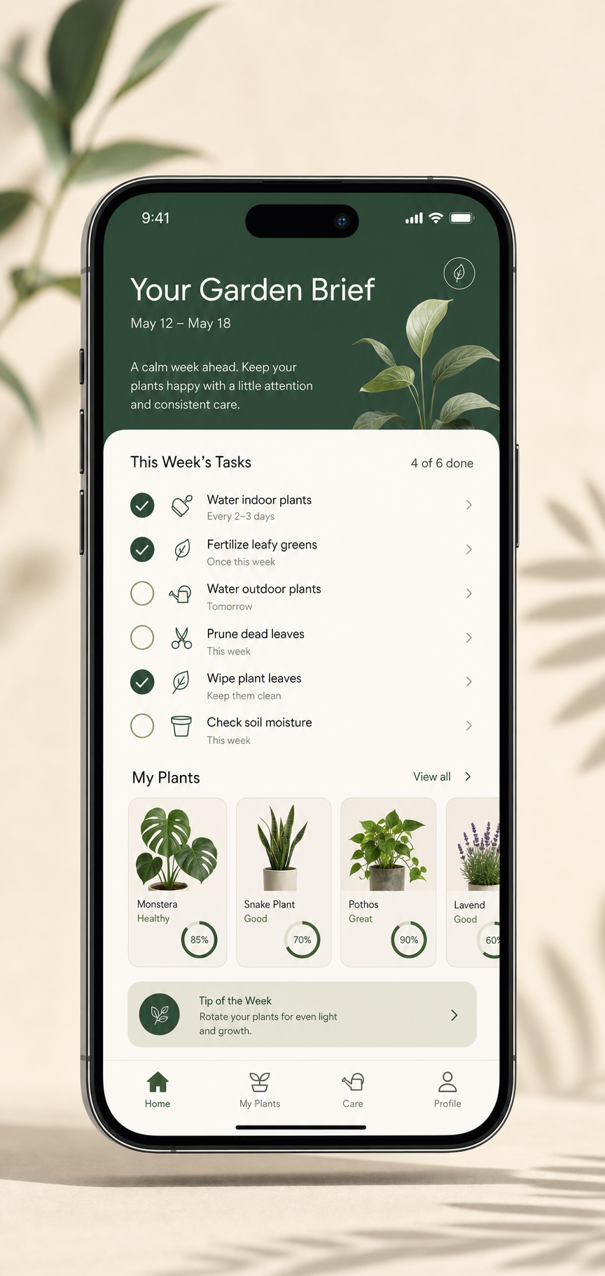 Verdant OS app — the weekly AI care brief, listing this week's plant-care tasks.