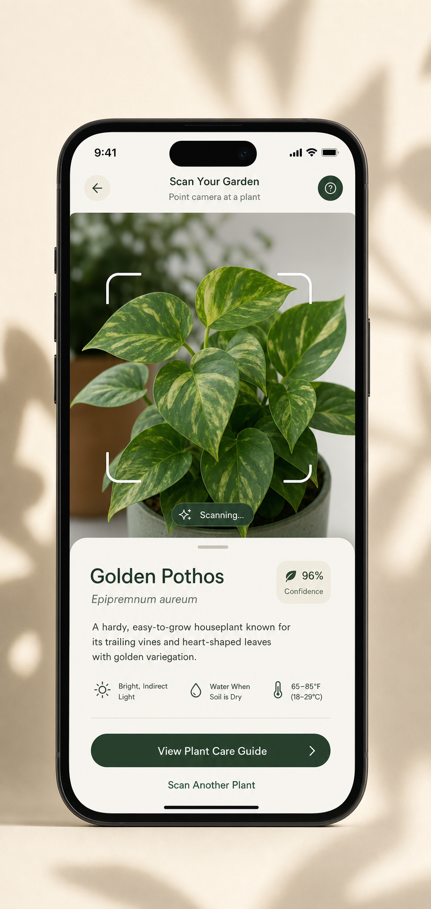 Verdant OS app — the guided garden scan and plant-ID screen.