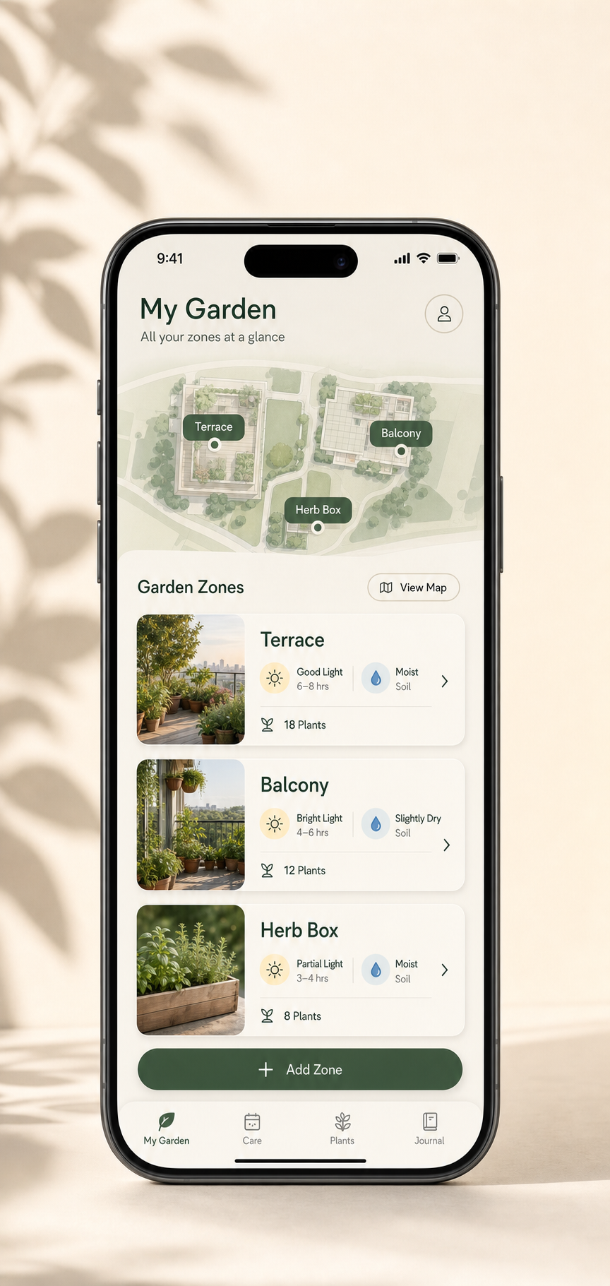 Verdant OS app — the zone-level garden profile screen.
